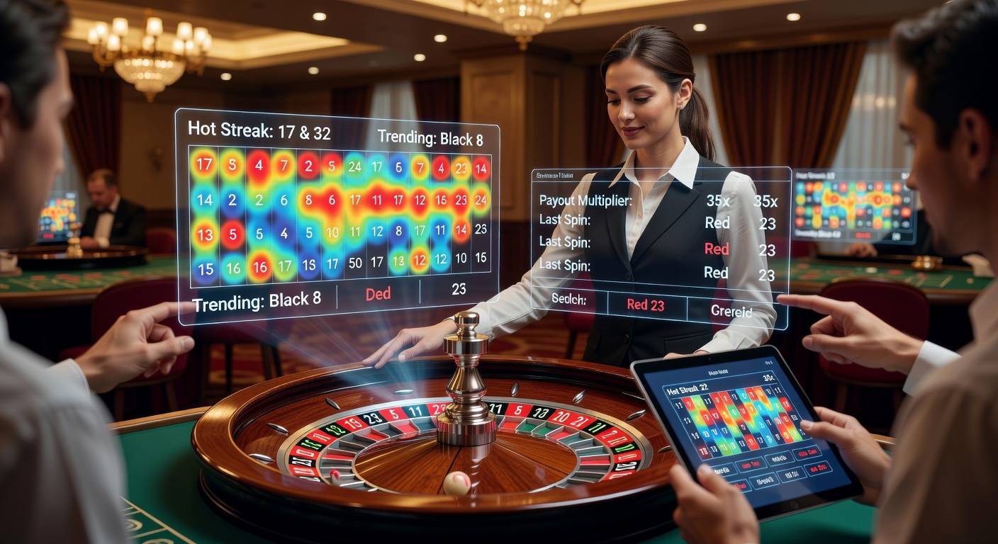 Live dealer roulette met AR-overlay die een heatmap toont van recente hot numbers op een digitaal wiel, terwijl de dealer het fysieke wiel draait