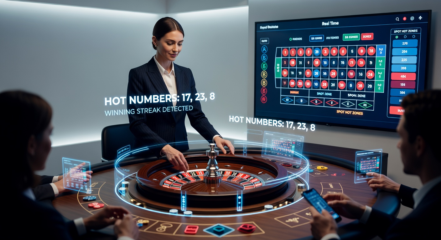 Close-up van een AR-heatmap overlay op een live roulette-tafel, met kleurcodering voor hot en cold numbers en real-time statistieken naast de draaiende dealer