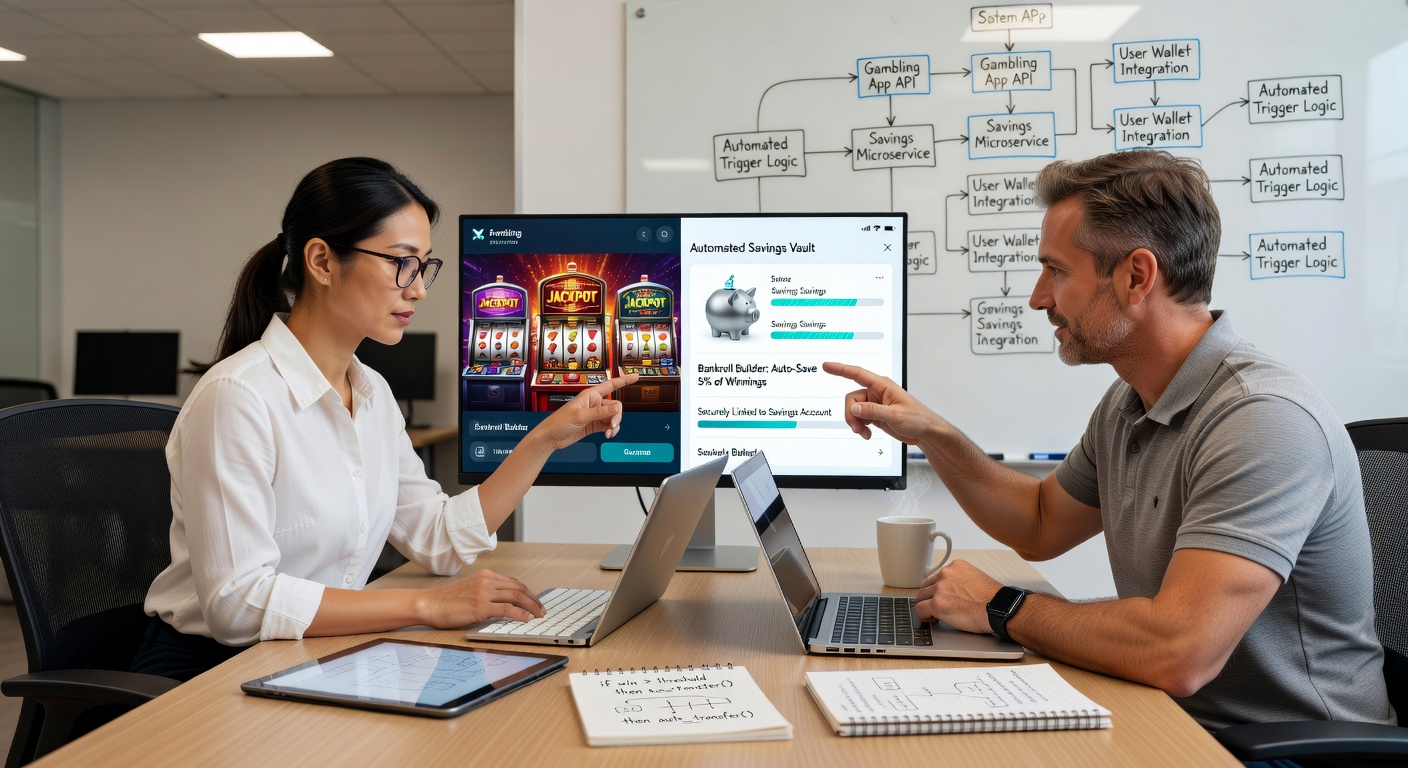 Schermafbeelding van een gokapp met een bankroll builder tool die automatisch spaart tijdens het spelen, inclusief grafiek van groeiende besparingen