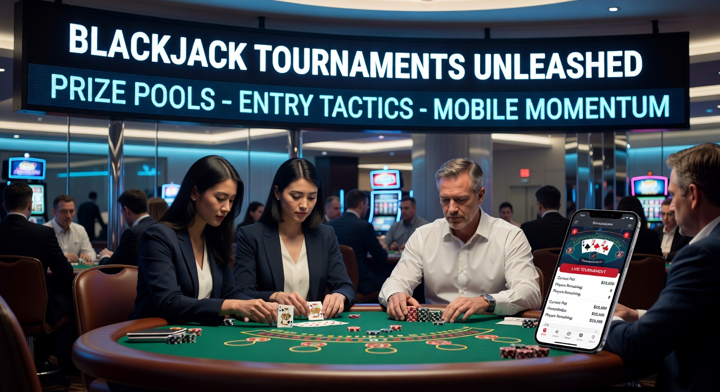 Spelers aan een blackjack-toernooi tafel met kaarten en fiches in een bruisende casino-atmosfeer