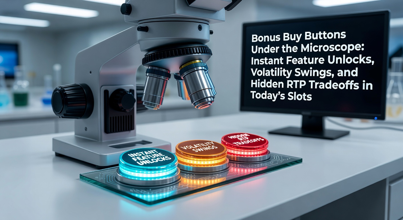 Close-up van een bonus buy knop op een modern slotspel-scherm, met glow-effecten en multiplier-symbolen die oplichten tijdens een feature unlock