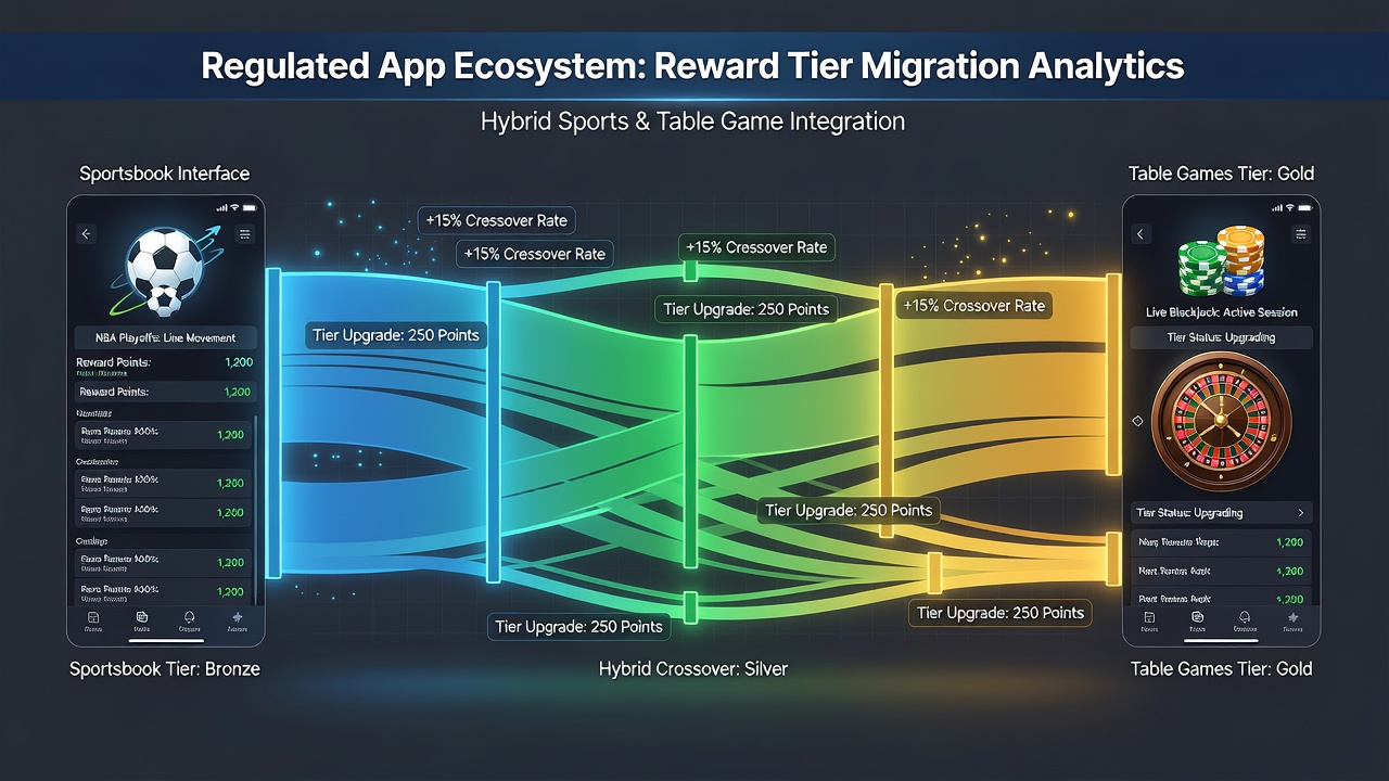 Grafiek die beloningsniveau-migraties toont tussen sport- en tafelspelmodules in apps