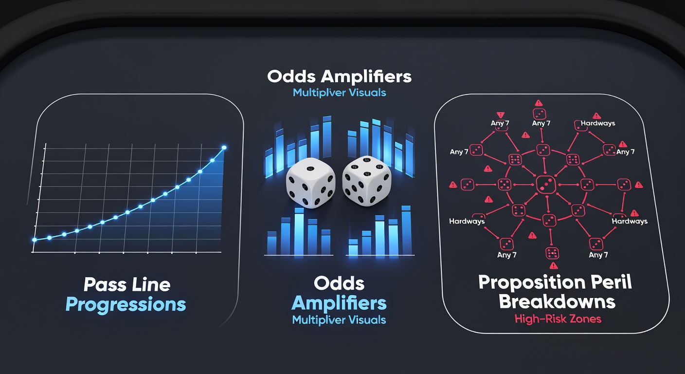 Close-up van odds bets op een craps lay-out met stapels fiches naast het point-nummer; illustreert de risicovrije versterking van Pass Line inzetten