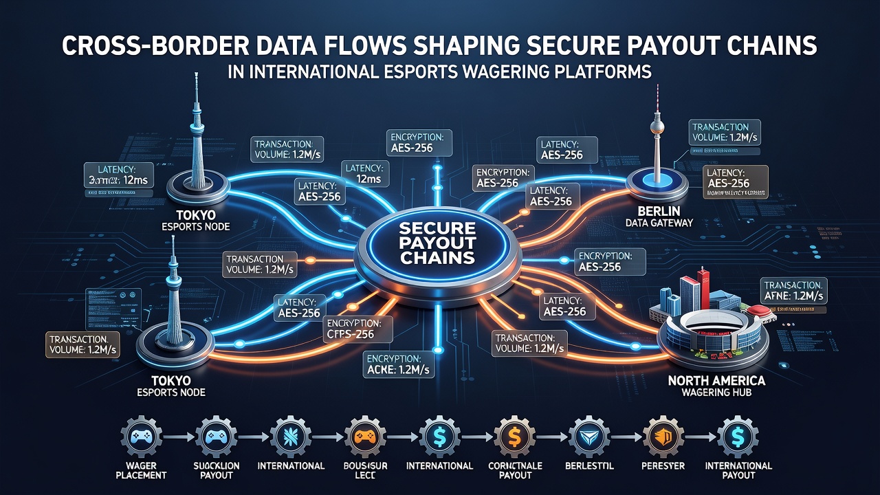 Diagram van beveiligde uitbetalingsketens met blockchain en encryptie in esports-wedstrijden