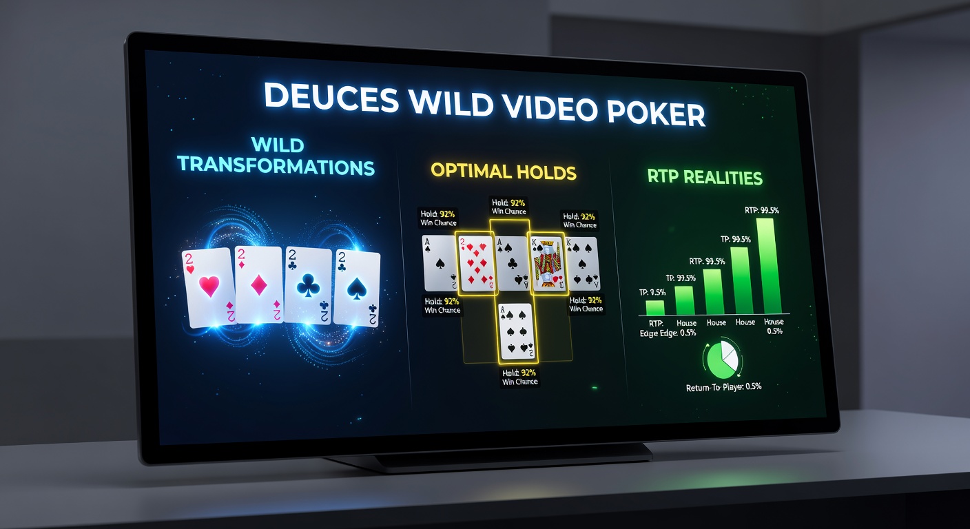 Video poker scherm met Deuces Wild paytable en koninklijke flush in actie