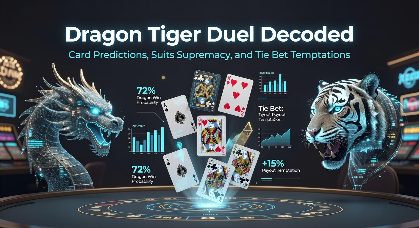 Dragon Tiger speeltafel met kaarten verdeeld tussen Dragon en Tiger posities, suited side bets zichtbaar op de lay-out