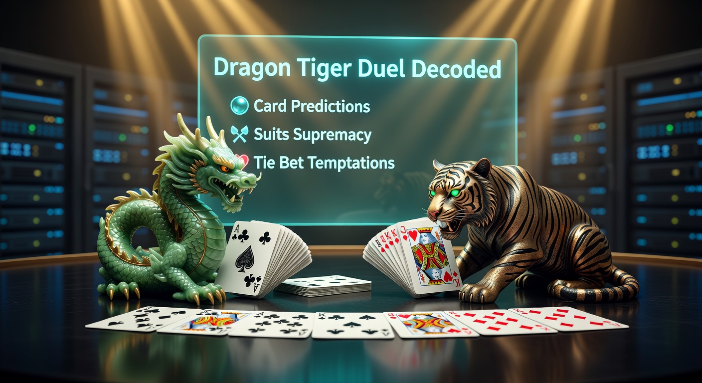 Close-up van Dragon Tiger kaarten met suit side bets uitgelicht, tie symbool prominent in het midden