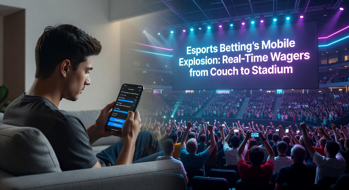 Smartphone met live esports betting app open tijdens een intens League of Legends toernooi, met real-time odds die knipperen op het scherm