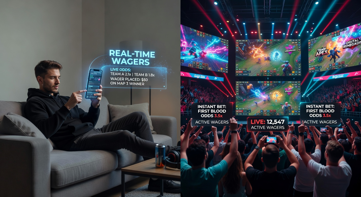 Fan in een vol stadion die op zijn telefoon inzet tijdens een live esports finale, met het grote scherm op de achtergrond dat de match toont