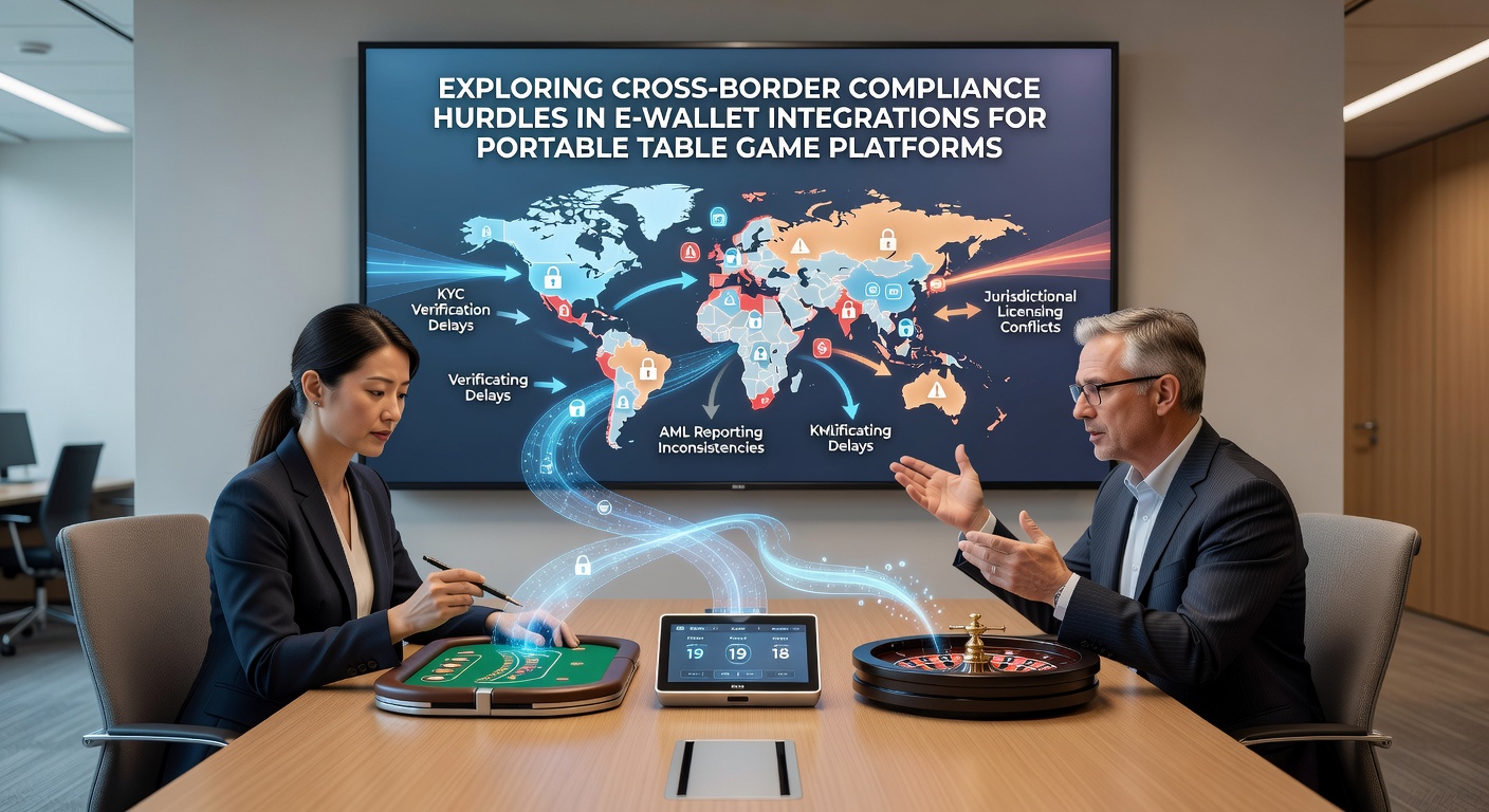 Illustratie van mobiele tafelspelplatforms met e-wallet integraties die grensoverschrijdende compliance tonen