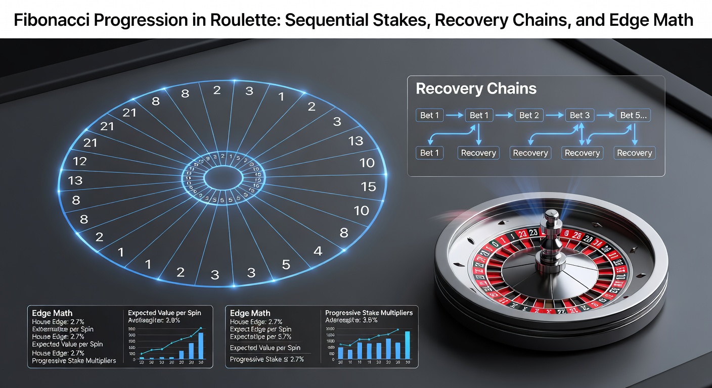 Grafiek van de Fibonacci-reeks toegepast op roulette-inzetten, met een wiel en stapel fiches