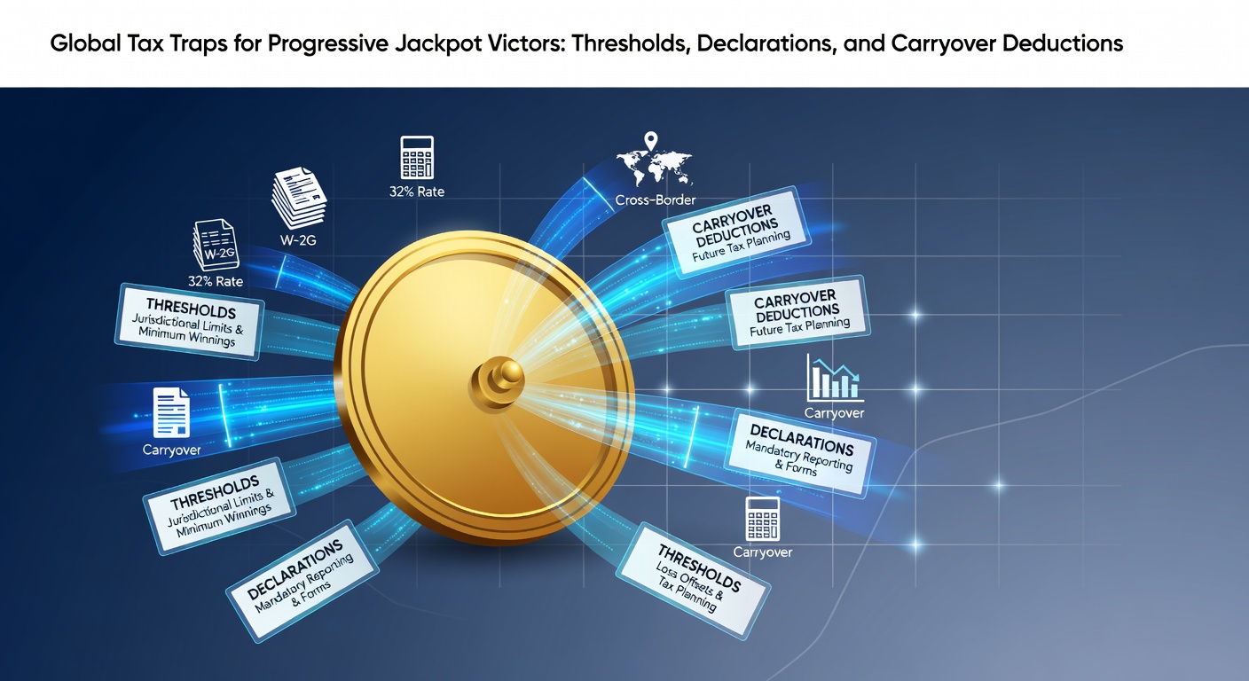 Wereldkaart met markeringen van belastingdrempels voor gokwinsten in verschillende landen, inclusief progressieve jackpots