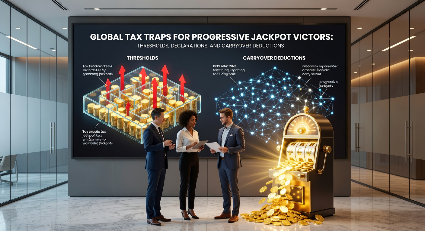 Tabel met vergelijking van belastingtarieven en drempels voor jackpotwinsten in VS, EU, Canada en Australië, inclusief carryover regels