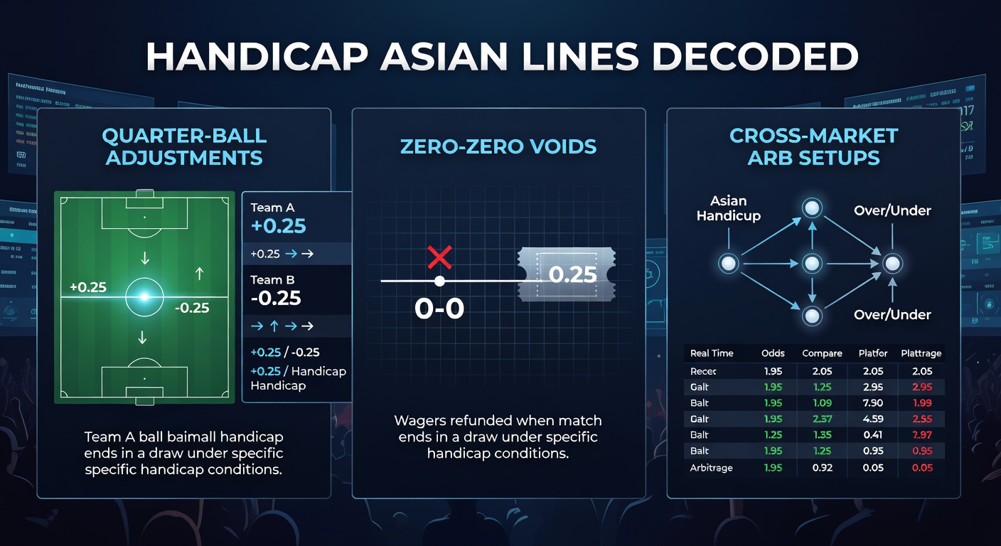 Voorbeeld van een cross-market arbitrage setup met Aziatische lijnen over verschillende bookmakers, inclusief odds-vergelijkingen en void-scenario's