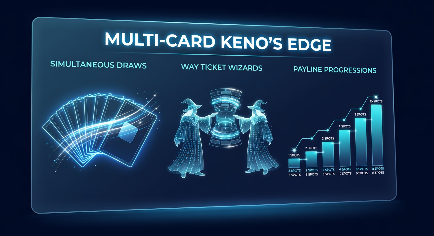 Multi-card keno scherm met meerdere kaarten en gelijktijdige trekkingresultaten, inclusief way ticket opties en payline highlights