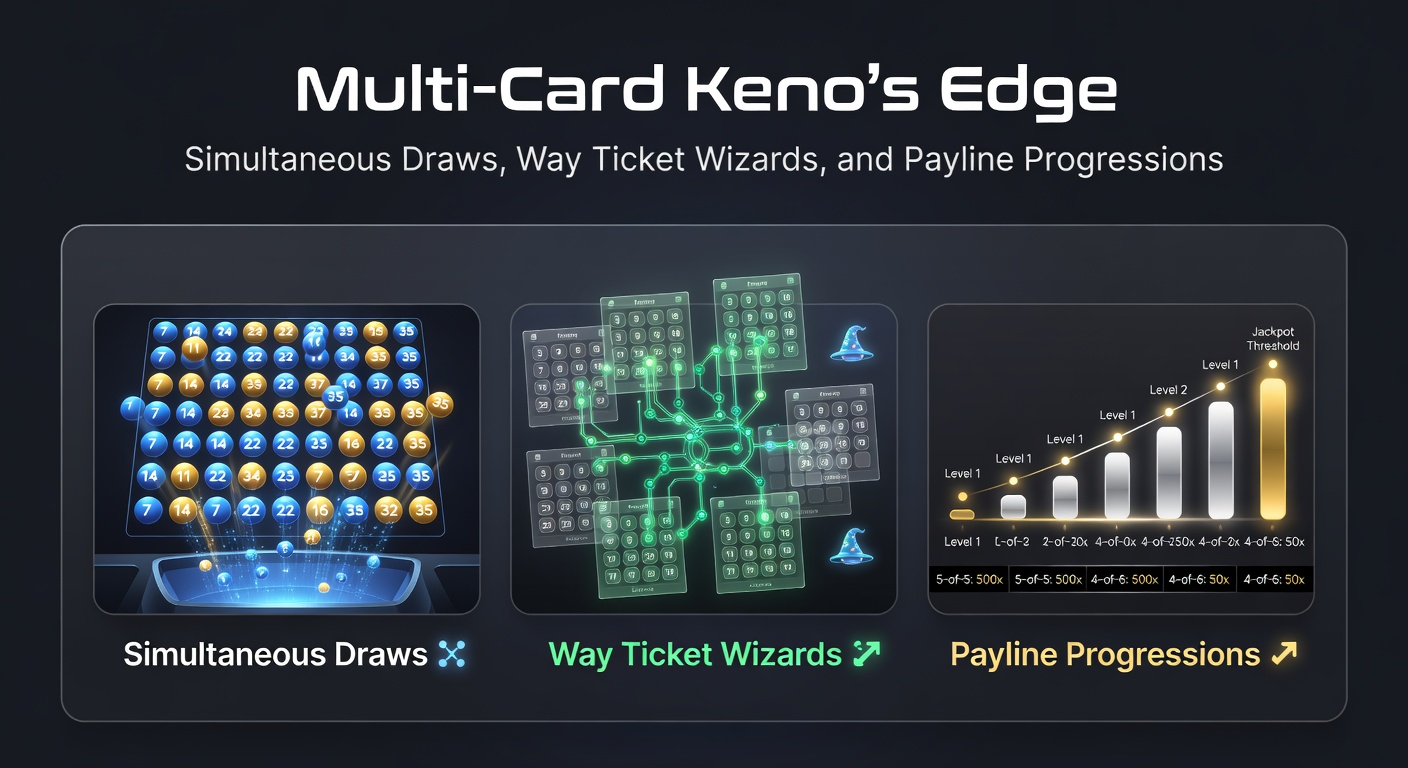 Voorbeeld van een way ticket in multi-card keno met gecombineerde spots en uitbetalingstabel, highlightend progressieve paylines