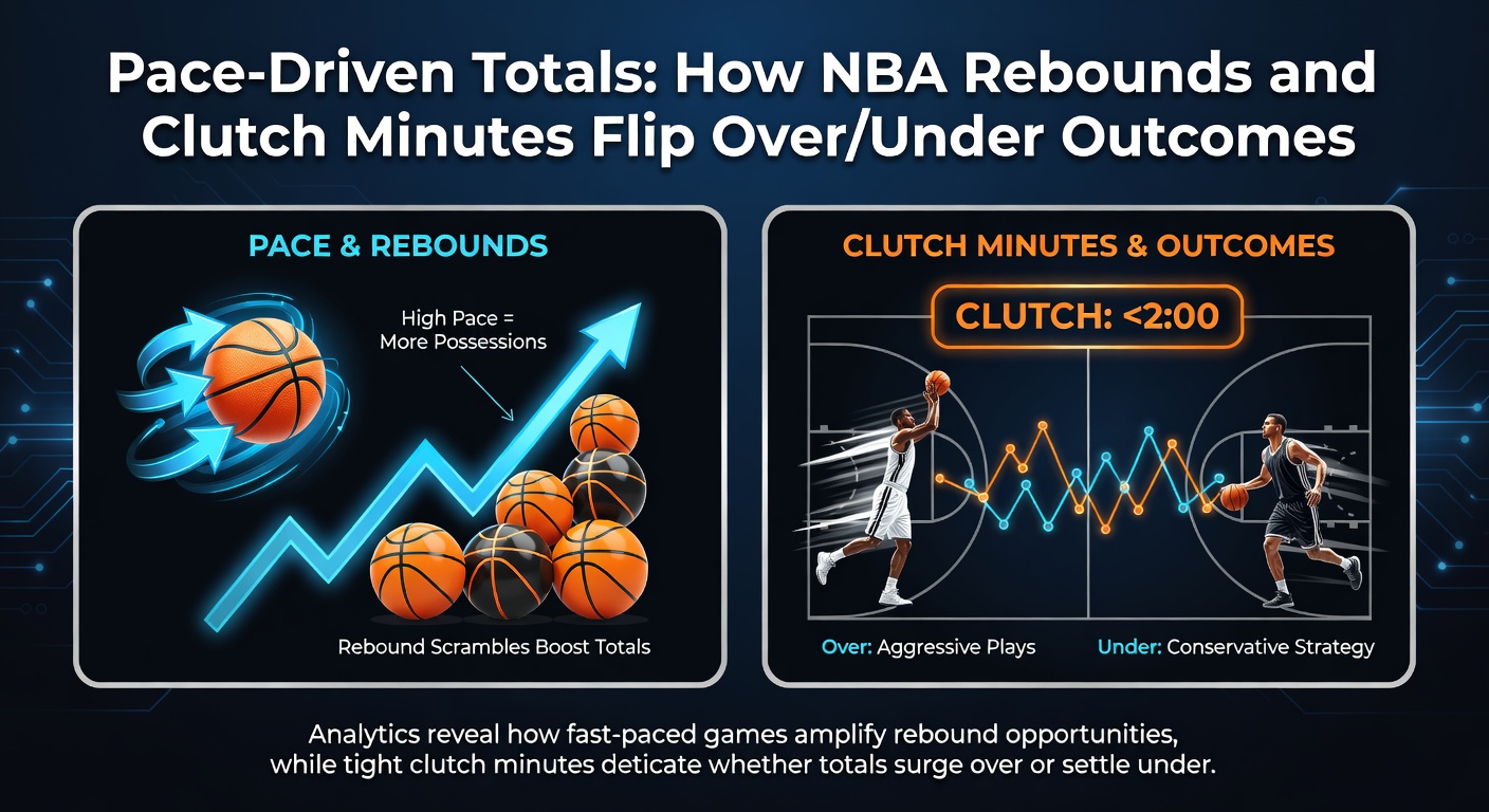 Grafiek met NBA pace en total points trends, rebounds per game en clutch time impact op over/under lijnen