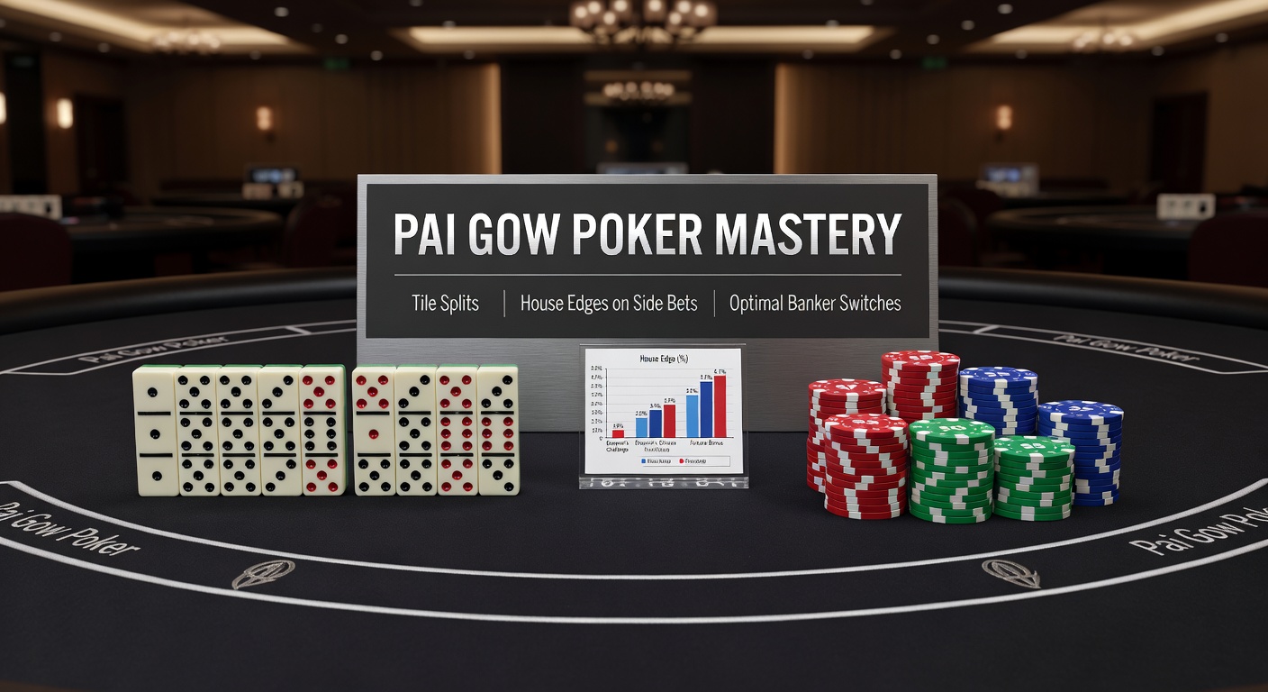 Pai Gow Poker tegels in een typische verdeling met hoge en lage hand, dealer aan tafel