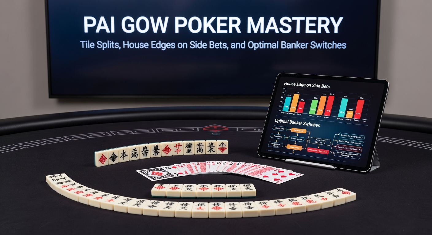 Dealer splitst Pai Gow Poker tegels aan de tafel, met focus op side bet opties en banker marker