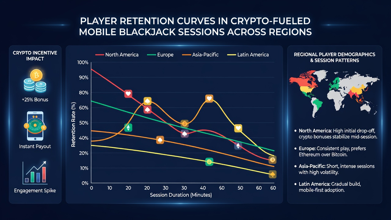 Vergelijkende grafiek van regionale retentiecurves voor mobiel crypto blackjack met focus op Azië en Europa