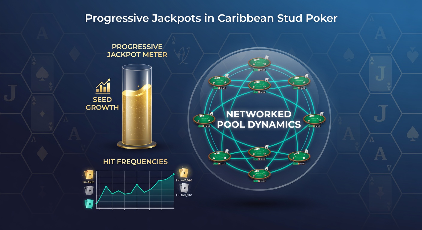 Schermafbeelding van een progressieve jackpot-teller bij een Caribbean Stud Poker-tafel, met groeiende poolwaarde en side bet-opties