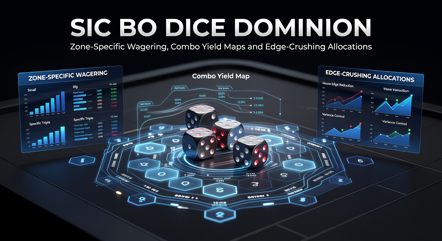Sic Bo speeltafel met gemarkeerde zones voor specifieke inzetten, drie dobbelstenen rollen en uitbetalingstabel zichtbaar
