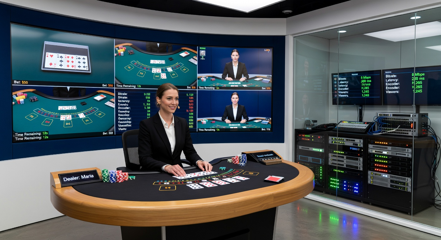 Technische rack met encoders, servers en netwerkapparatuur in een live casino control room