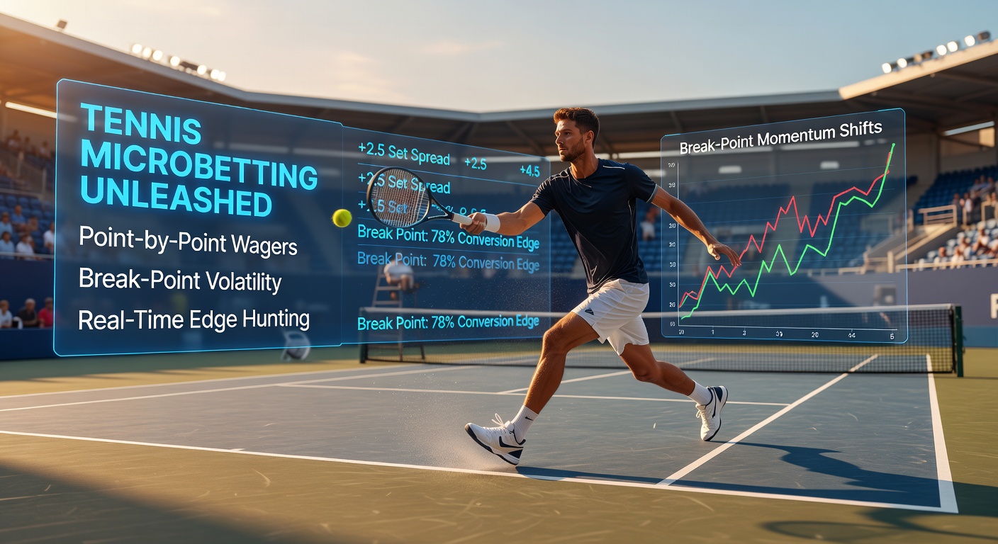Speler serveert intens tijdens een spannende tenniswedstrijd met live betting overlay op het scherm, illustrerend microbetting actie