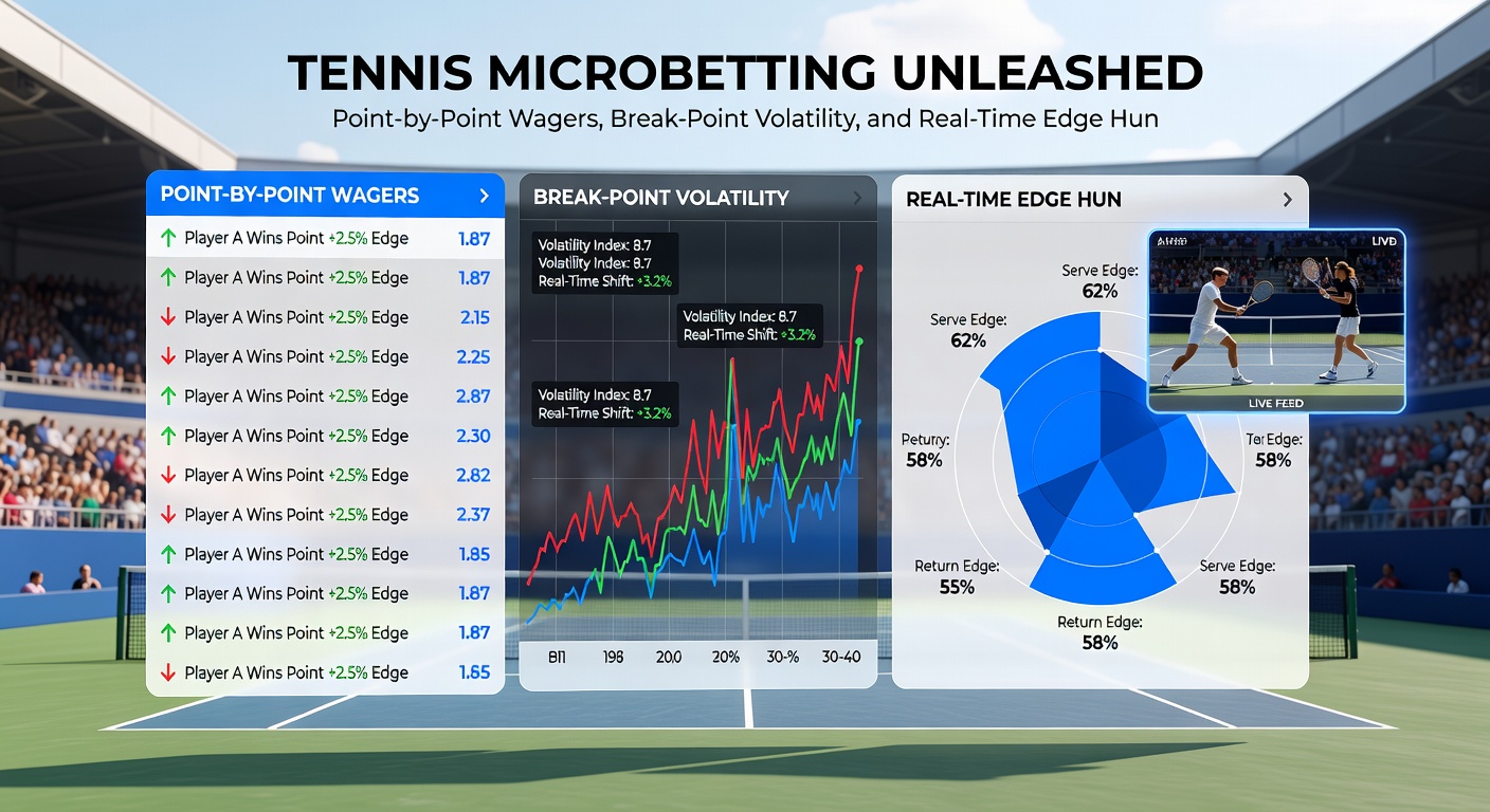 Grafiek met break-point kansen en volatiliteit curves tijdens een tenniswedstrijd, met pieken bij cruciale momenten zoals 0-40