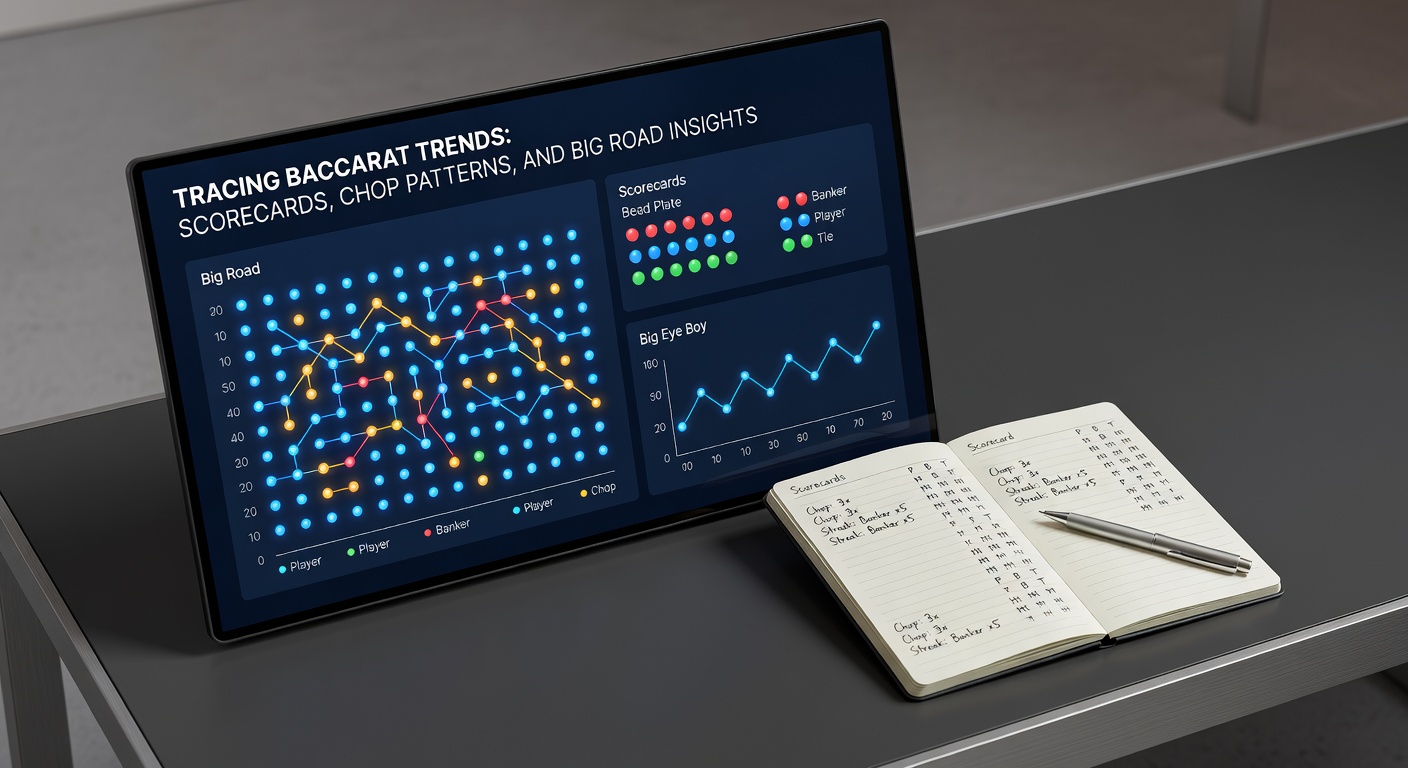 Detail van een Big Road met chop-patronen en streepjes voor lange Banker- en Player-reeksen