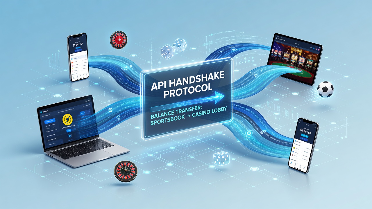 Illustratie van API-handshakes die saldotransfers tussen sportsbooks en casinolobby's faciliteren op meerdere apparaten