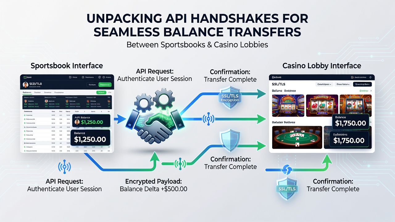 Diagram van API-protocollen die saldi synchroniseren tussen verschillende gokplatforms en apparaten