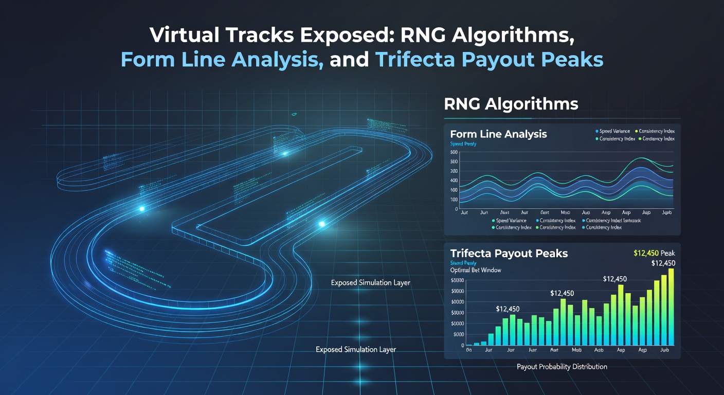 Grafiek met formline-data en trifecta-uitbetalingspieken in virtuele paardenraces, inclusief RNG-flowchart