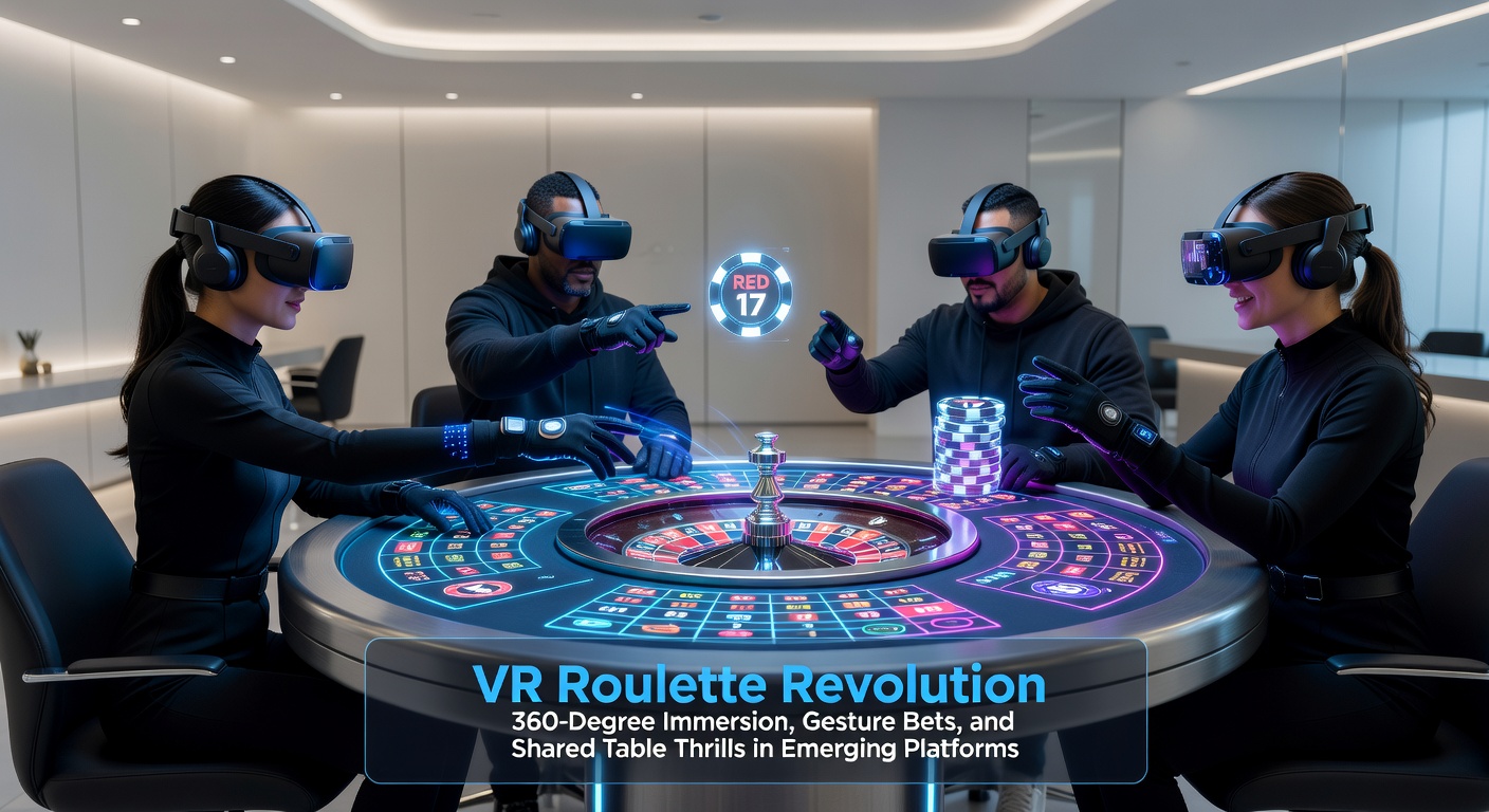 Speler in VR-bril die een roulettewiel in 360-graden omgeving betreedt, met gebaar-inzetten zichtbaar