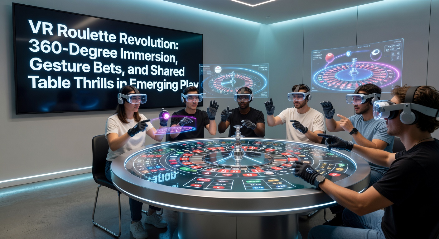 Groep VR-spelers aan een gedeelde roulette tafel, gebaren makend voor inzetten terwijl het wiel draait